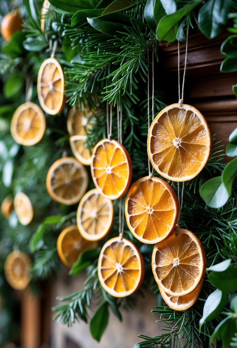 Dried orange slices hanging from green foliage, arranged as Christmas mantel decorations.