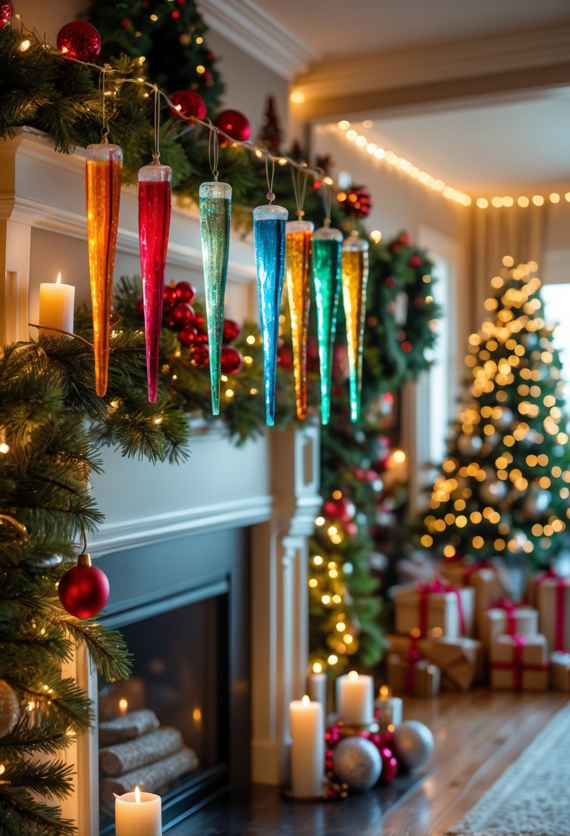 A living room with multiple mantels decorated for Christmas, featuring brightly colored glass icicles and festive holiday decorations.