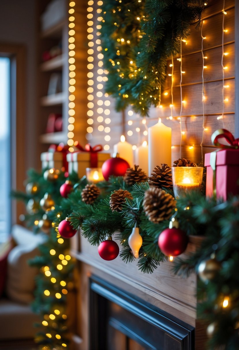 A mantel decorated with Christmas ornaments, pine garlands, candles, and a glowing fairy light curtain in the background.
