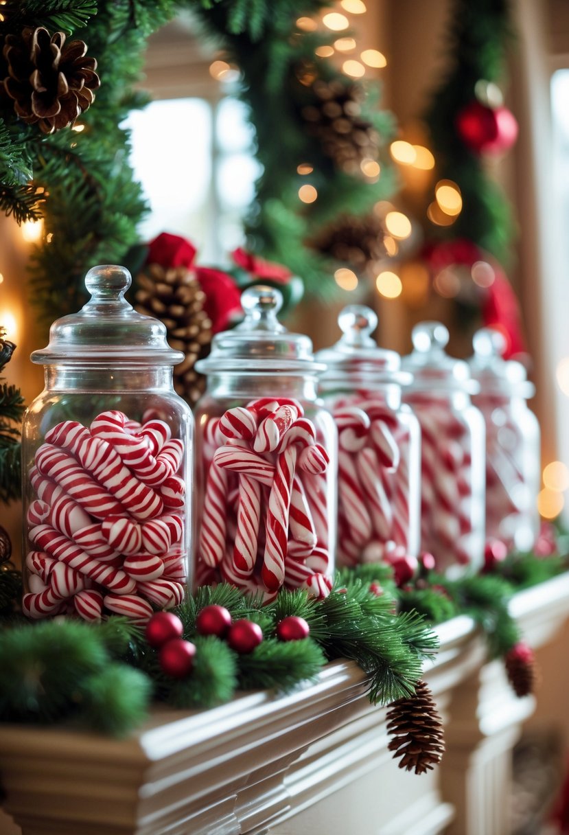 Jars filled with red and white candy canes arranged on a Christmas decorated mantelpiece.