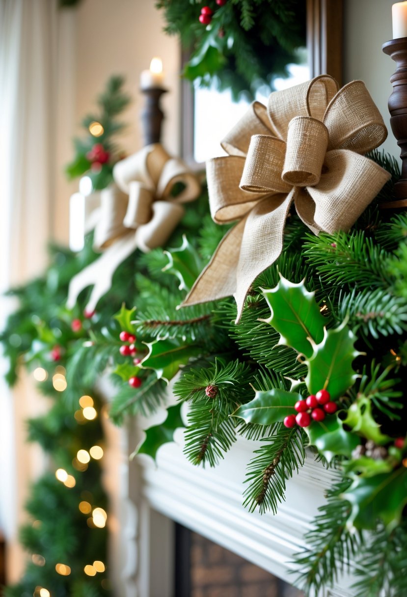 A Christmas mantel decorated with green garlands and rustic burlap bows.