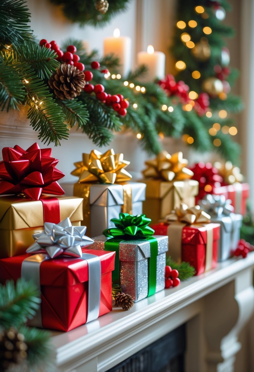 A mantel decorated for Christmas with 35 small shiny wrapped gift boxes, pine garlands, and festive lights.