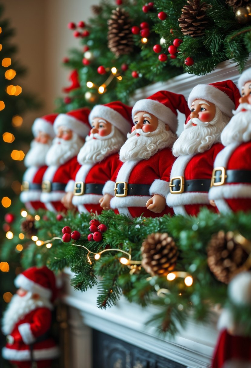 A mantel decorated for Christmas with numerous Santa Claus figurines and festive greenery.