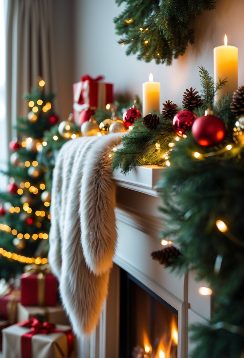 A Christmas-decorated mantel with a faux fur throw draped over its edge and festive holiday decorations.
