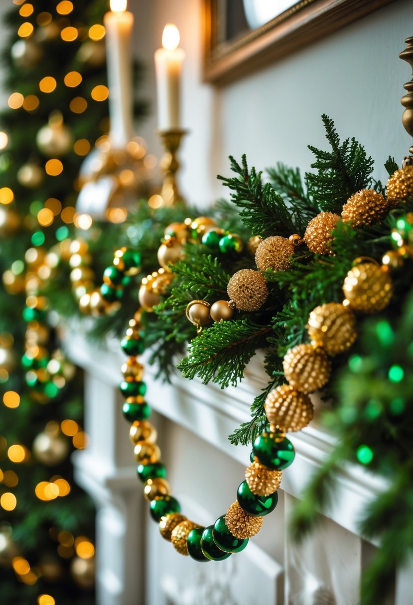 A Christmas mantel decorated with a gold and green beaded garland and greenery.