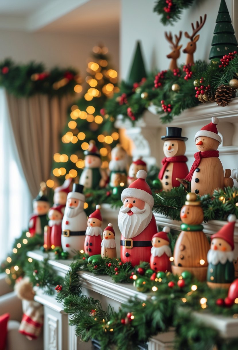 A living room with multiple decorated mantels displaying 35 hand-painted wooden Christmas characters surrounded by festive garlands and lights.