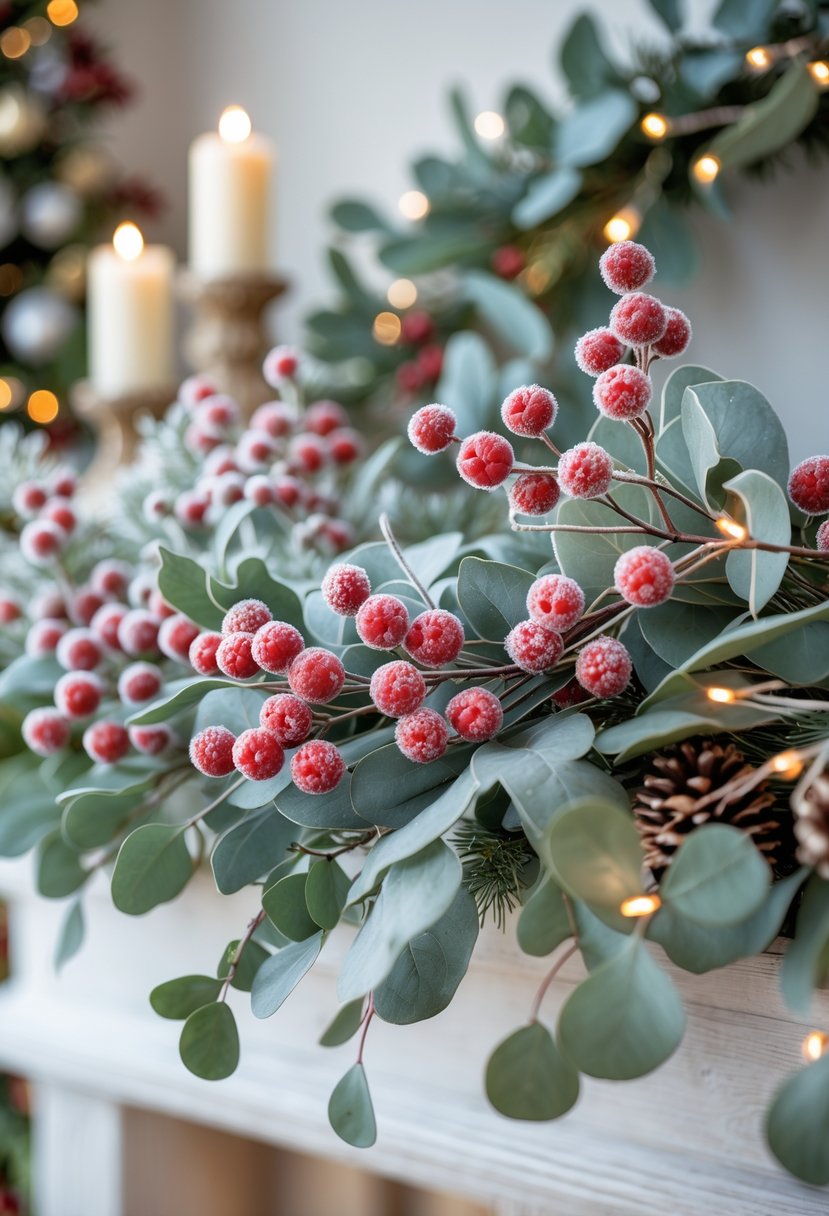 Frosted red berry branches combined with eucalyptus leaves arranged on a decorated Christmas mantel.