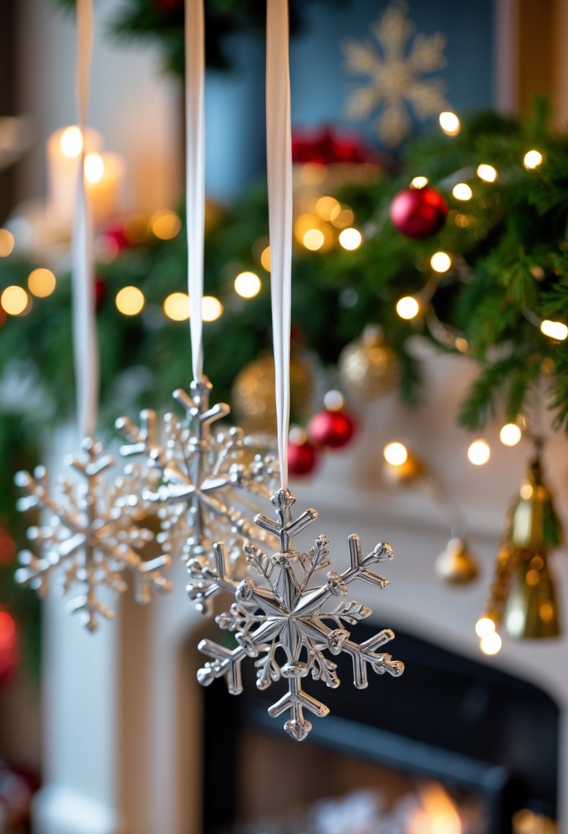 Metallic snowflakes hanging from ribbons in front of a Christmas-decorated mantel with garlands and lights.