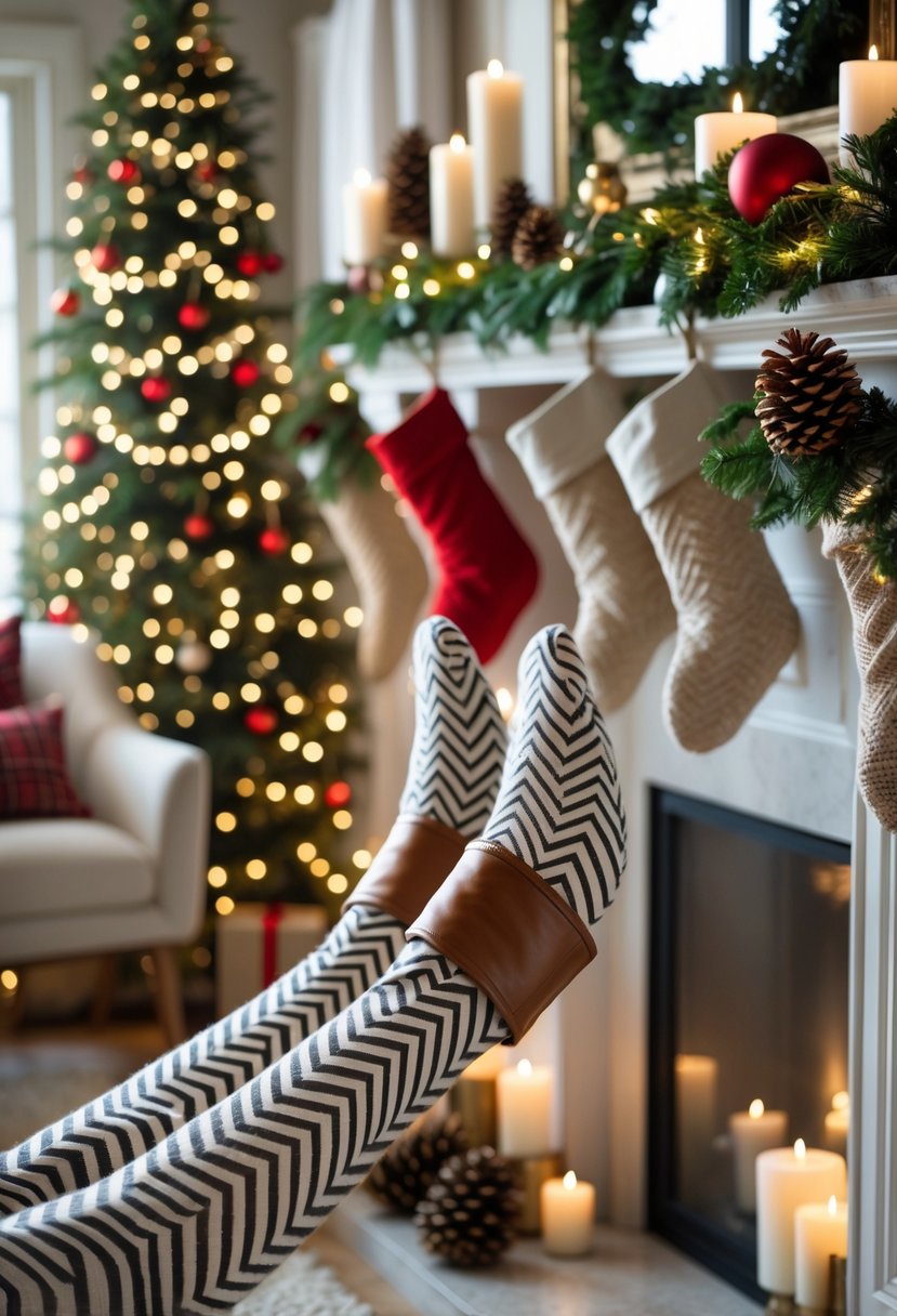 Legs wearing chevron-patterned stockings with leather accents resting near multiple Christmas-decorated mantels adorned with garlands, lights, and ornaments.