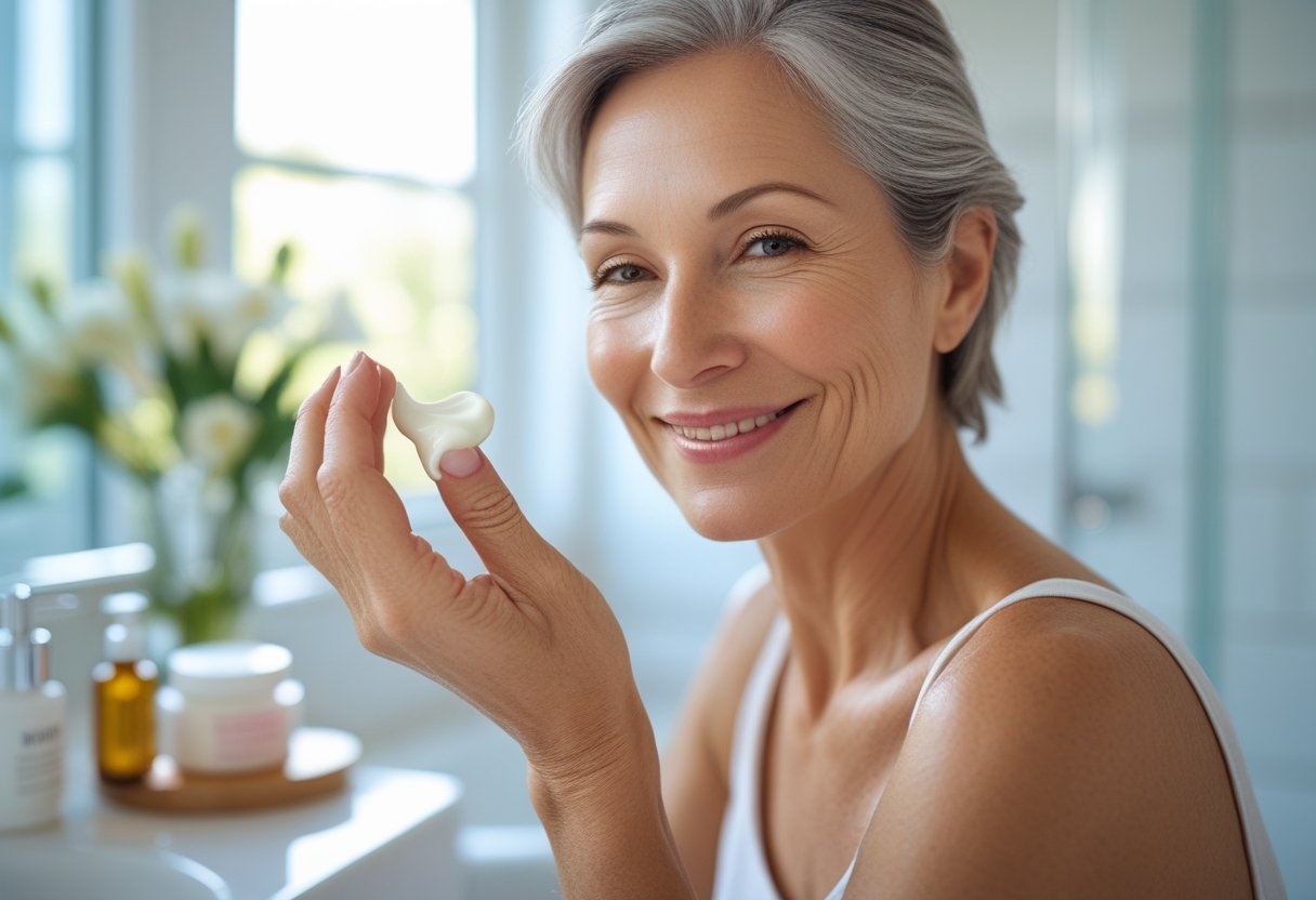 A middle-aged woman applying cream to the back of her hand in a bright bathroom.