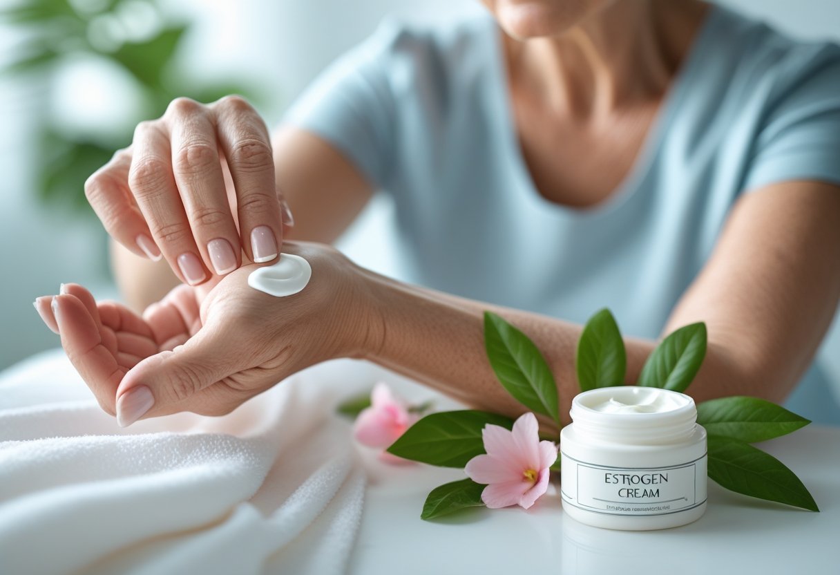 A woman applying cream to her forearm with a jar of cream and flowers on a white surface nearby.
