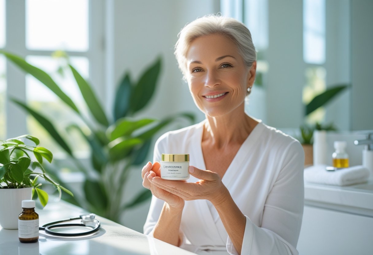 A middle-aged woman holding a jar of cream, smiling in a bright bathroom with plants and wellness items nearby.