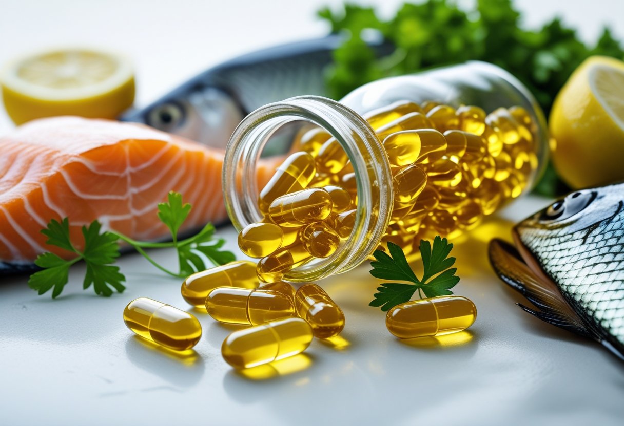 Close-up of golden fish oil capsules spilling from a glass bottle next to fresh fish, lemon slices, and green herbs on a white surface.