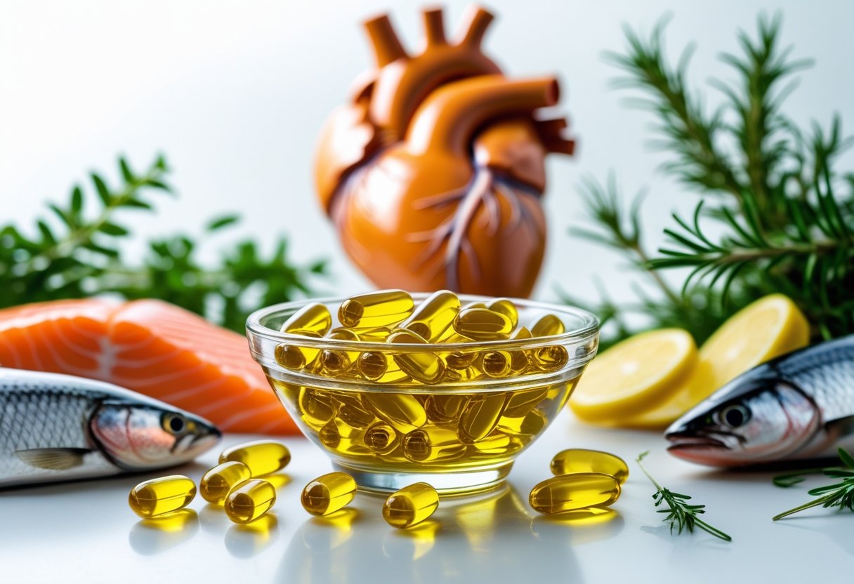 A close-up of a bowl filled with golden fish oil capsules surrounded by fresh fish, herbs, and lemon slices, with a blurred heart model in the background.