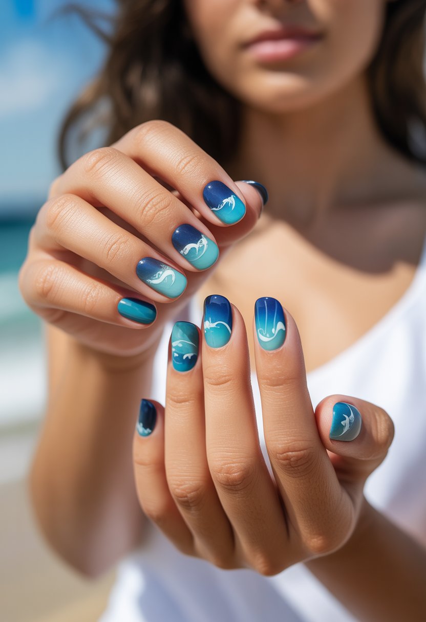 Close-up of hands with blue gradient nails decorated with white wave patterns inspired by the ocean.