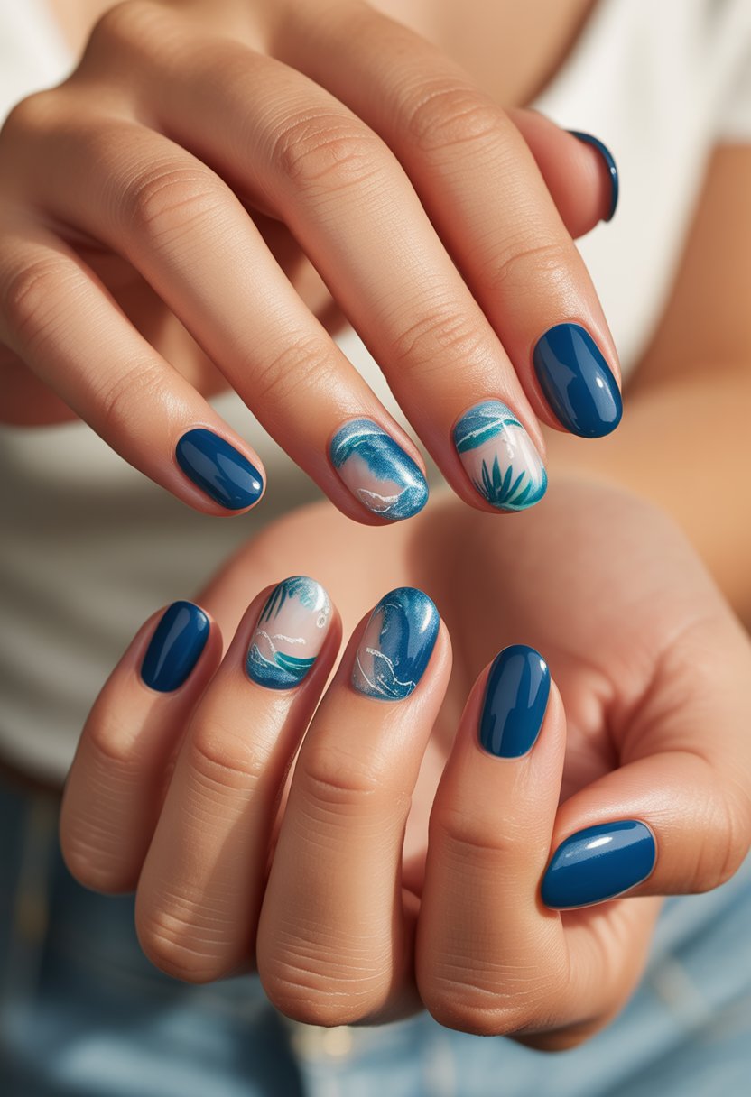 Close-up of a woman's hands displaying deep navy blue nails with glossy and matte finishes, featuring tropical-inspired designs.