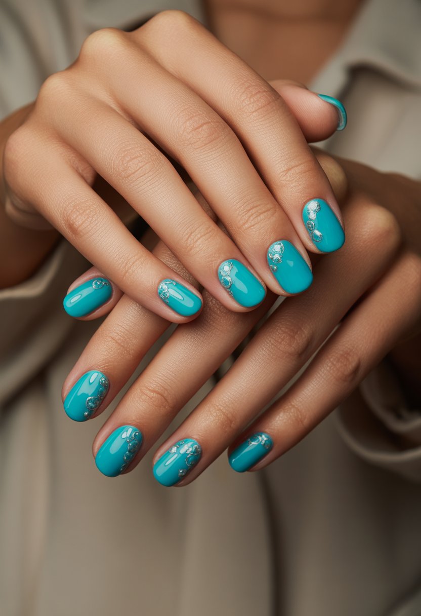 Close-up of a woman's hands displaying turquoise blue nails with silver bubble details.
