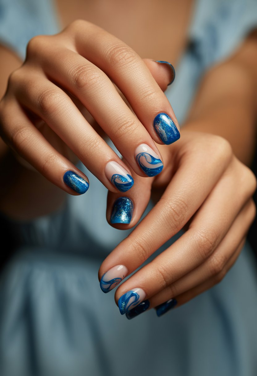 Close-up of a woman's hands with blue nails featuring glitter and wave patterns.