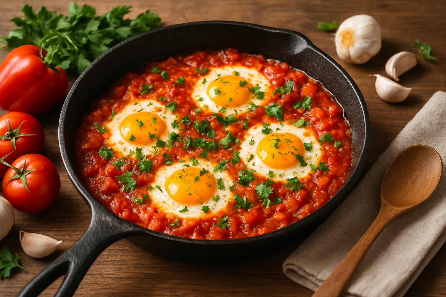 A skillet of shakshuka with poached eggs and tomato sauce on a wooden table surrounded by fresh ingredients.