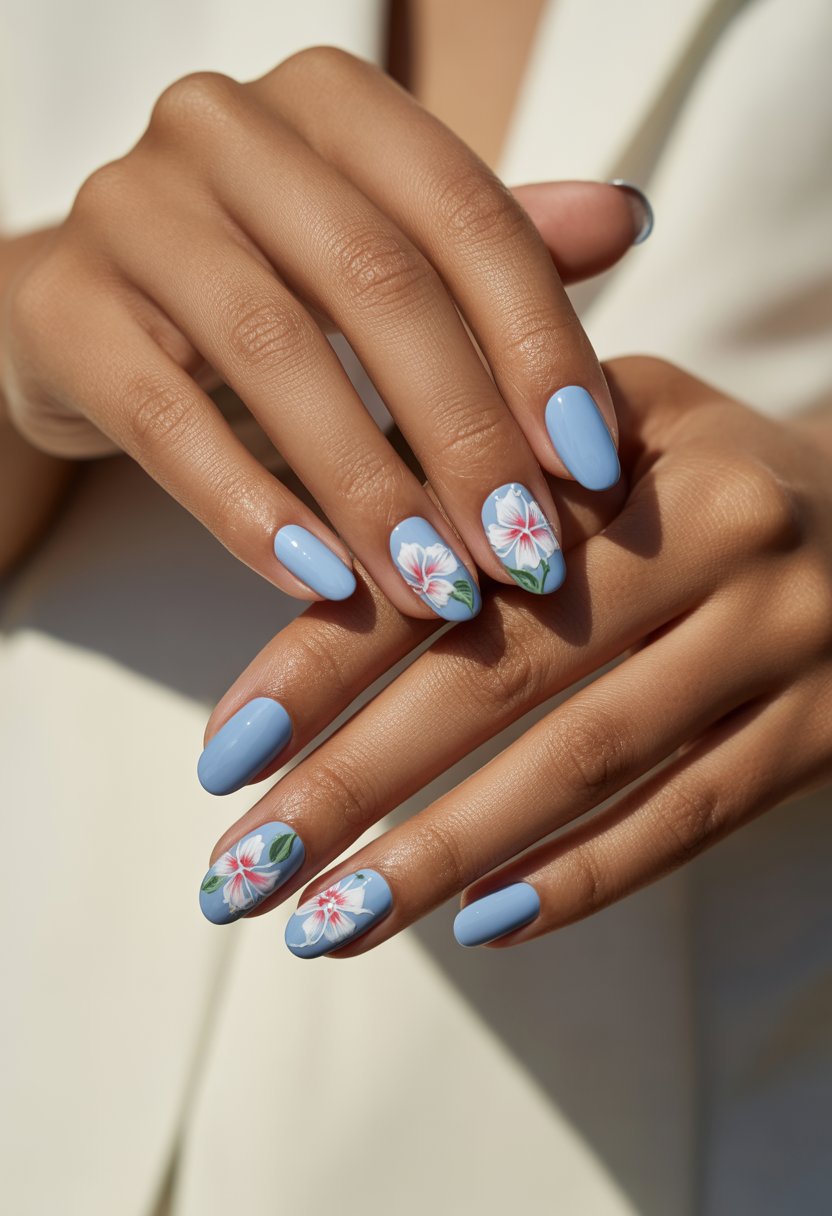 Close-up of a woman's hands with pastel blue nails decorated with hibiscus flower designs.