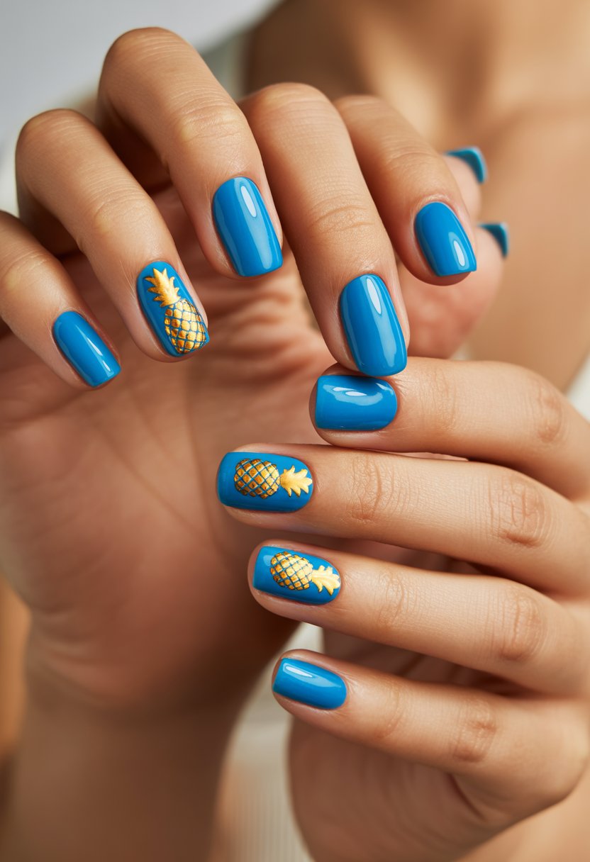 A close-up of a woman's hand with bright blue nails decorated with golden pineapple designs.