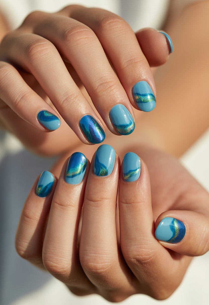 Close-up of a woman's hands with sea blue nails featuring iridescent blue-green foil accents.