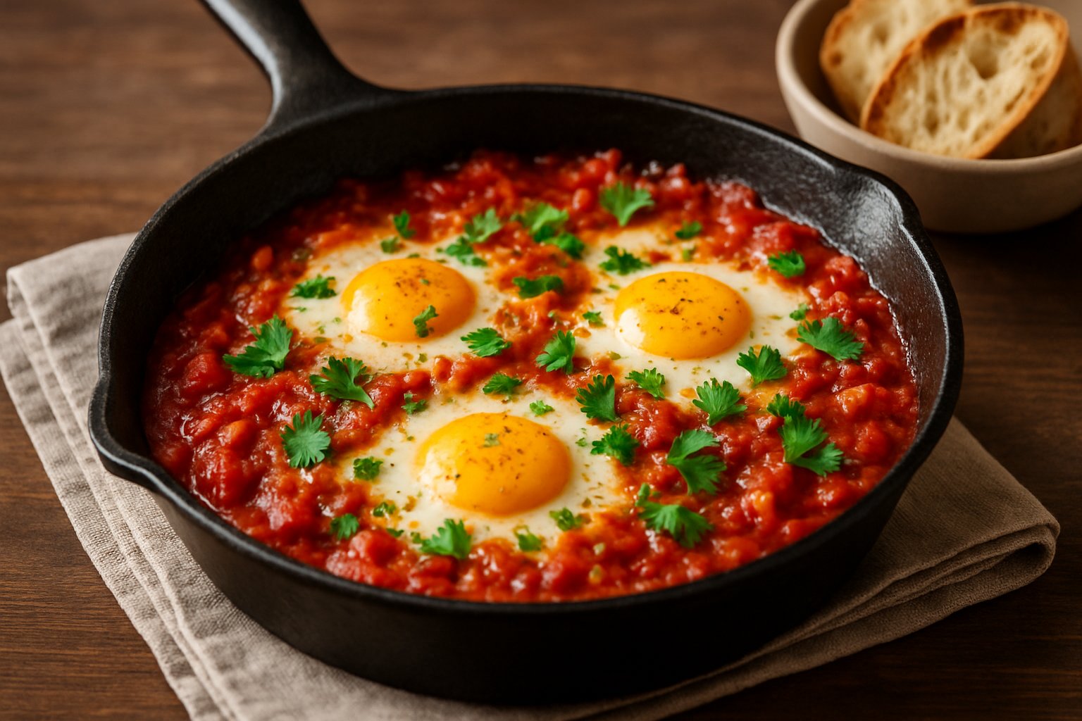 A skillet filled with shakshuka, showing poached eggs in tomato sauce garnished with parsley, on a wooden table with bread slices nearby.
