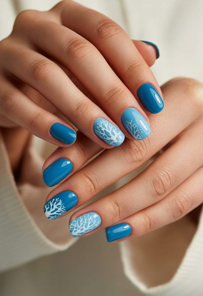 Close-up of hands with marine blue nails decorated with delicate white coral designs.