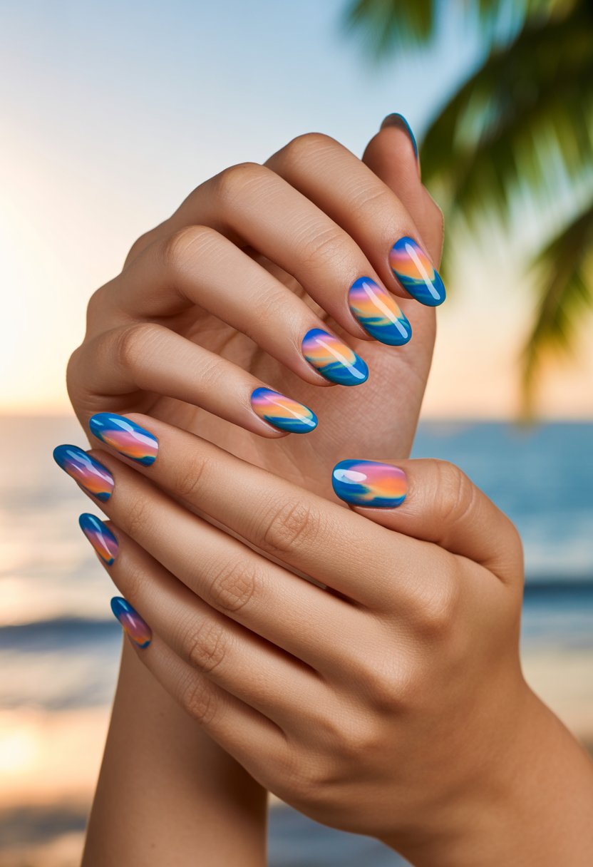 Close-up of a woman's hands with blue and sunset gradient French tip nails against a blurred tropical beach background.