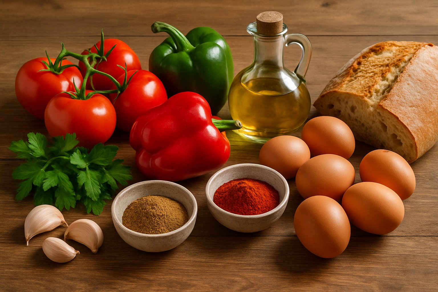 Fresh ingredients for shakshuka arranged on a wooden table, including tomatoes, bell peppers, garlic, parsley, spices, eggs, olive oil, and bread.