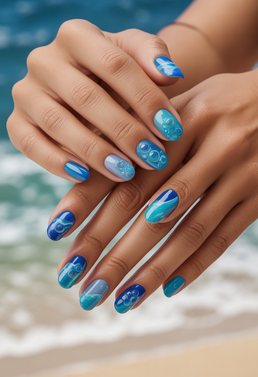 Close-up of a woman's hands with blue nails featuring 3D bubble effects inspired by the ocean.