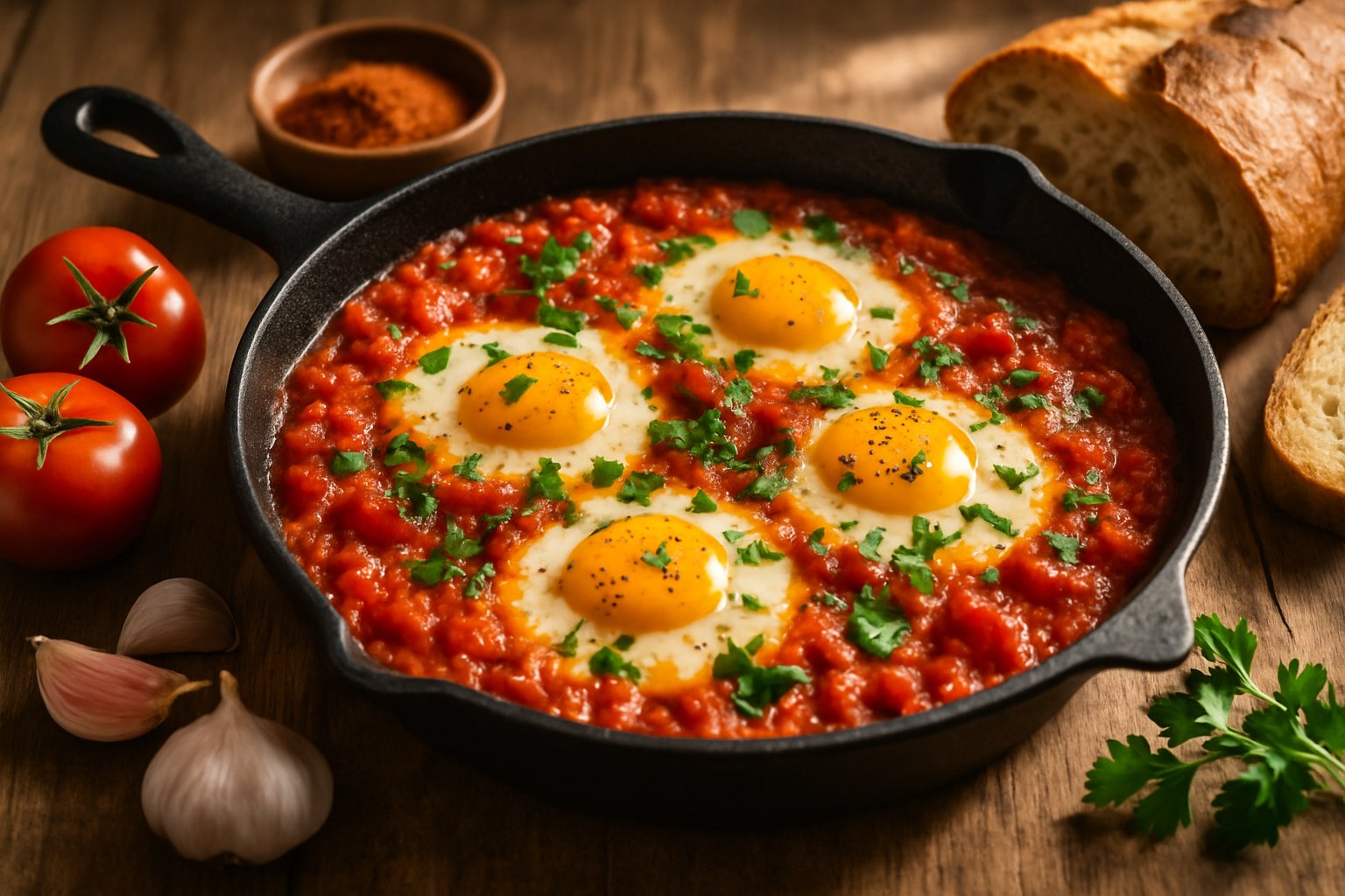 A skillet of shakshuka with poached eggs and tomato sauce on a wooden table surrounded by fresh ingredients and bread.