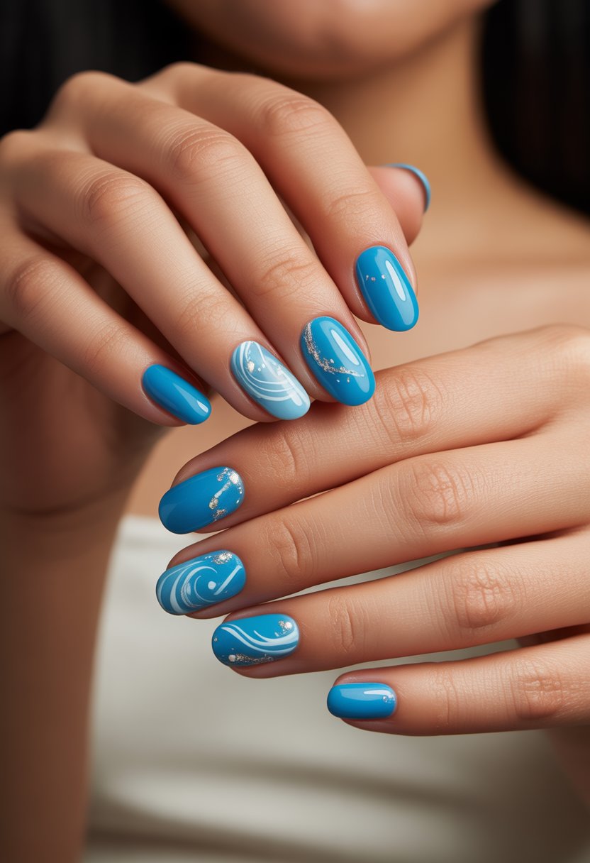 Close-up of a woman's hands with blue nails decorated with white swirls and sparkles.