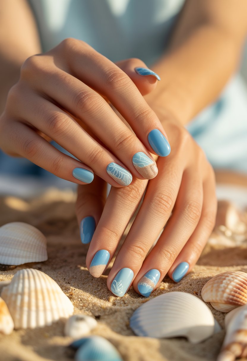 Close-up of a woman's hands with light blue nails featuring sand and seashell textures, resting on a sandy surface with small seashells.