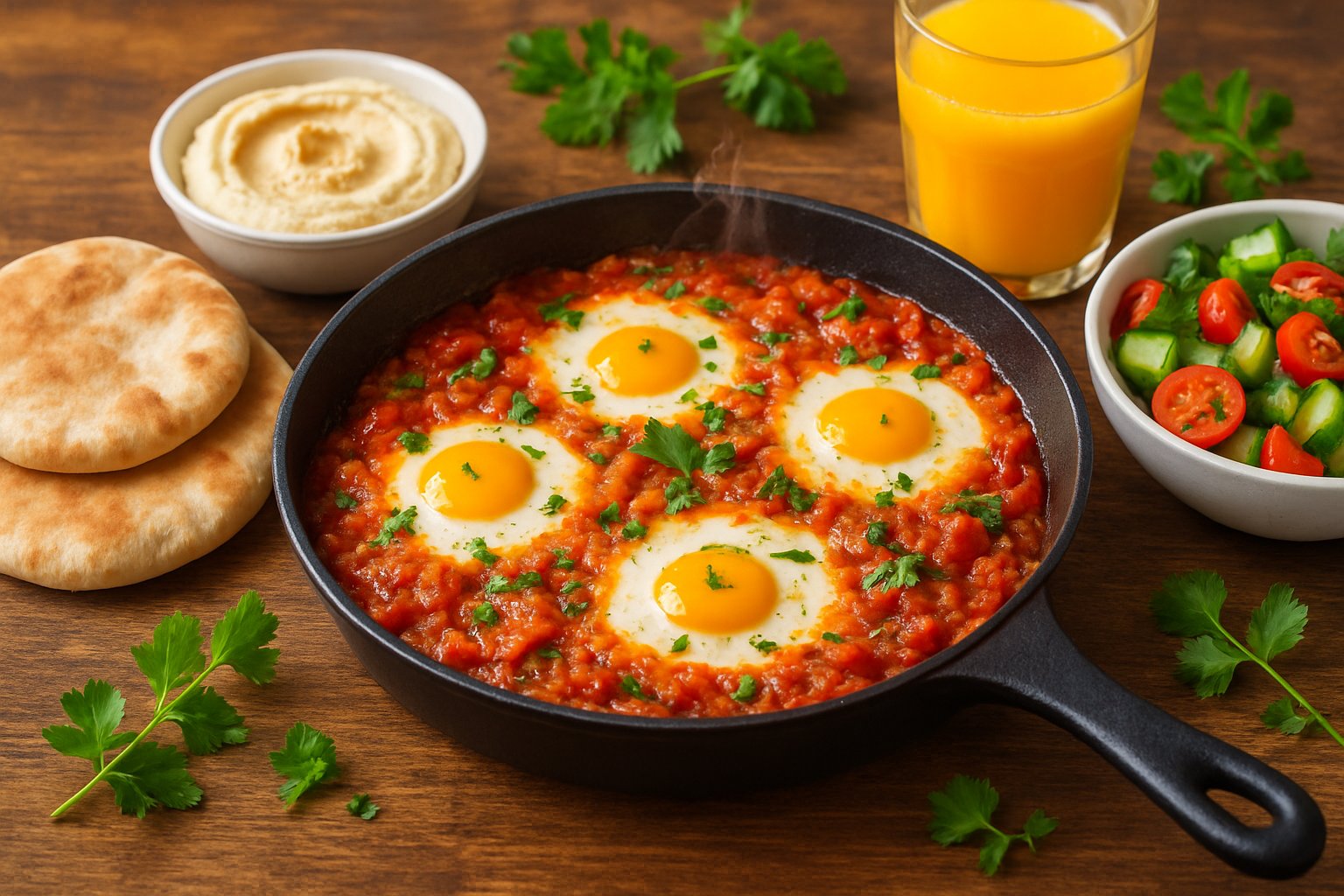 A skillet of shakshuka with poached eggs in tomato sauce on a wooden table, surrounded by pita bread, hummus, salad, and a glass of orange juice.