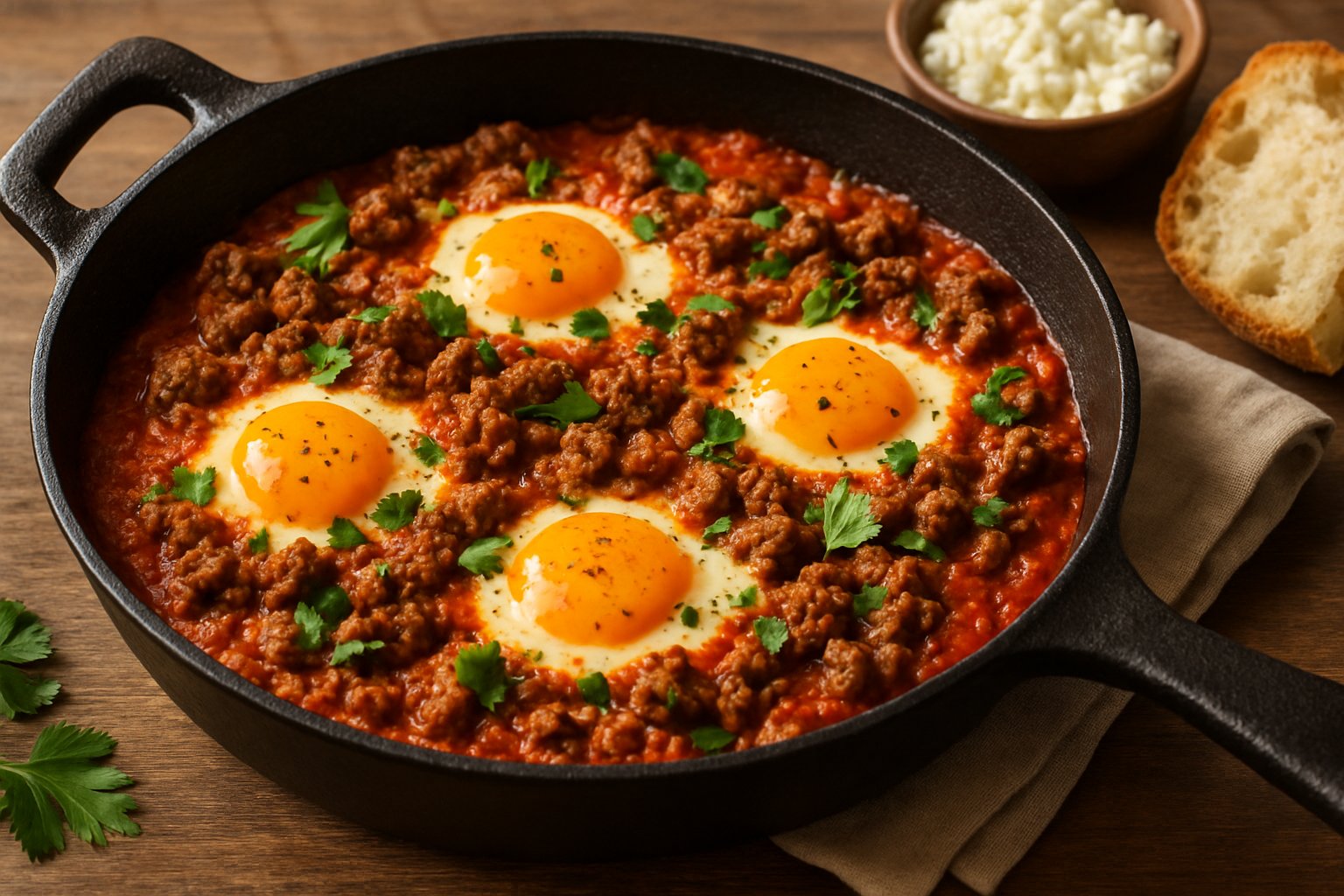 A skillet of shakshuka with poached eggs and meat in tomato sauce, garnished with parsley, on a wooden table with bread and cheese nearby.