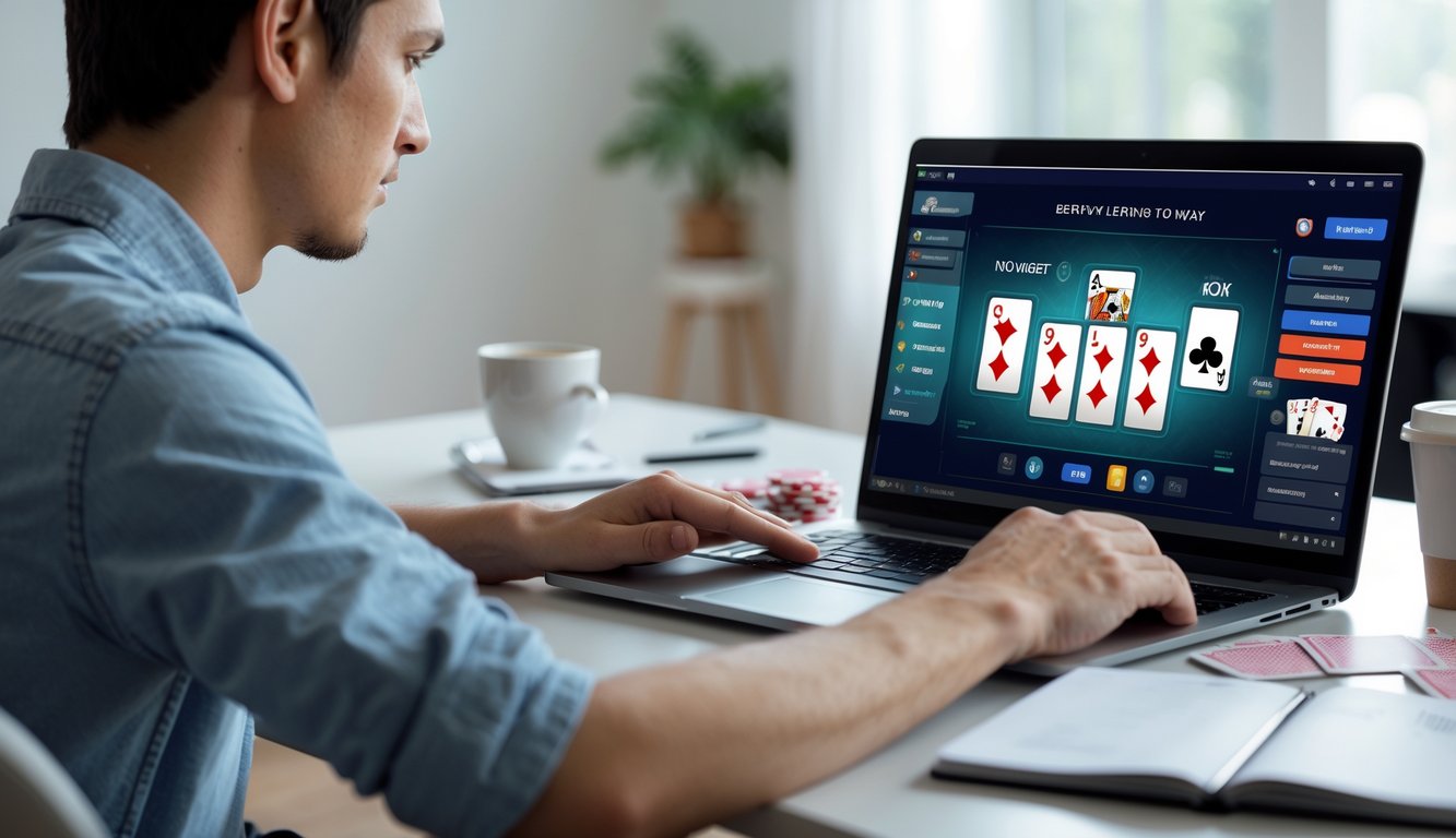Seorang pemula sedang belajar bermain poker online di depan laptop dengan chip poker dan kartu di meja.