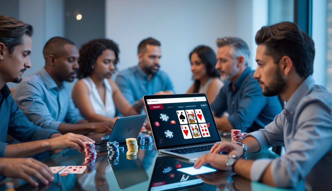 Beberapa orang dewasa bermain poker online menggunakan laptop dan tablet di ruangan yang nyaman.