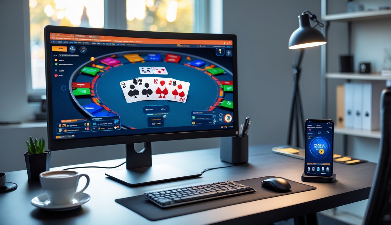 Sebuah ruang kerja modern dengan komputer yang menampilkan permainan poker online dan perlengkapan kerja di meja.