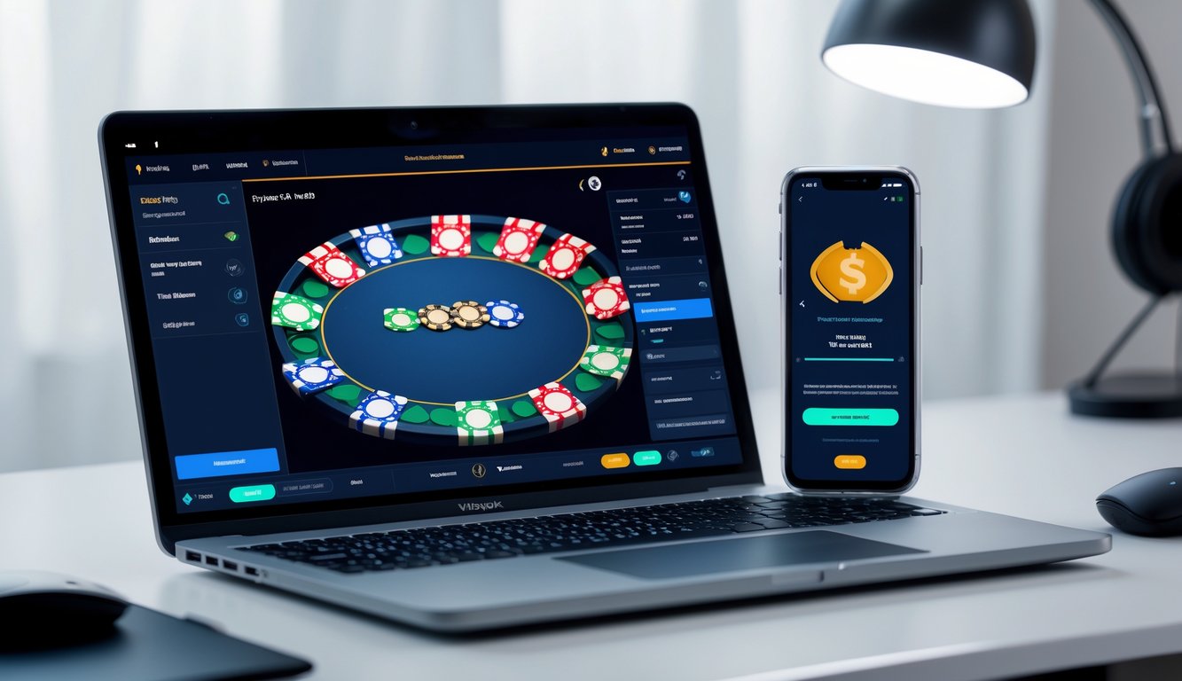 Seorang pengguna sedang melakukan deposit poker online menggunakan laptop dan smartphone di meja kerja yang rapi.