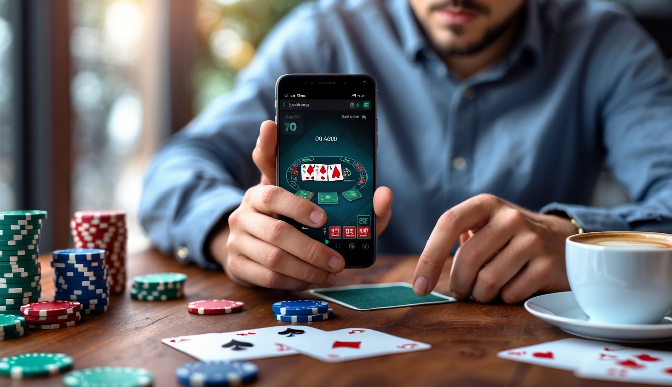 Seorang pria muda sedang bermain permainan poker online menggunakan ponsel Android di dalam ruangan yang nyaman.