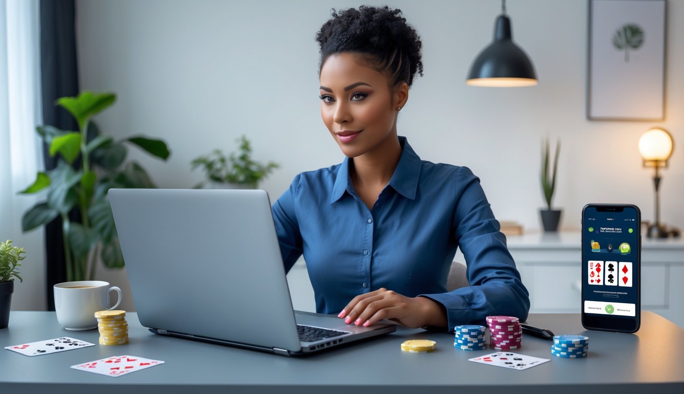 Seseorang duduk di meja dengan laptop dan perlengkapan poker seperti kartu dan chip, tampak fokus dan serius memilih agen poker online.