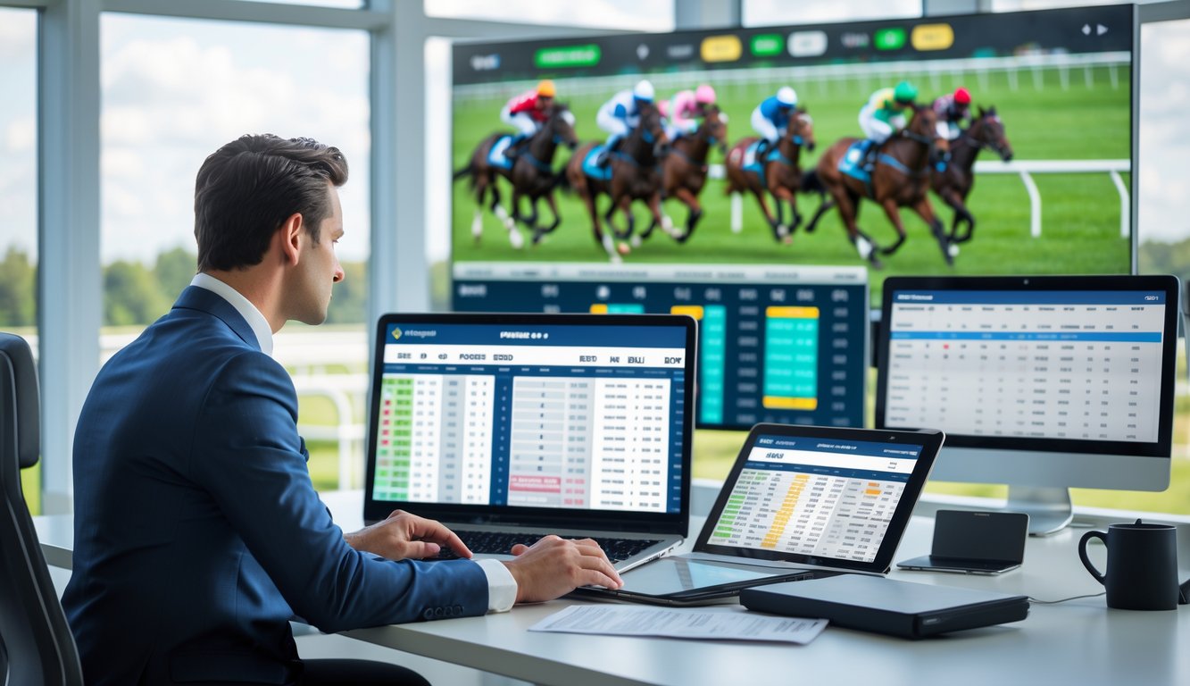 Seseorang duduk di meja dengan beberapa layar yang menampilkan data balap kuda dan peluang taruhan, sambil mengamati balapan kuda secara langsung di layar besar.