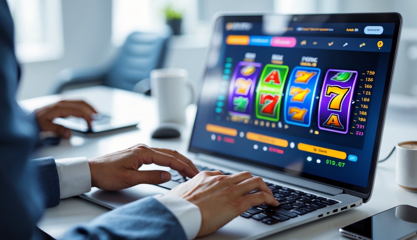 Orang sedang menggunakan laptop di meja kerja dengan tampilan permainan slot online dan grafik statistik di layar.