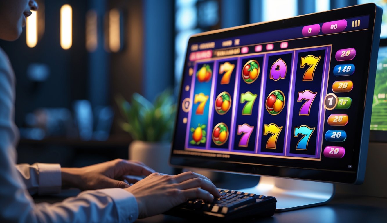 Seseorang bermain mesin slot online di komputer dengan latar ruangan modern dan pencahayaan redup.