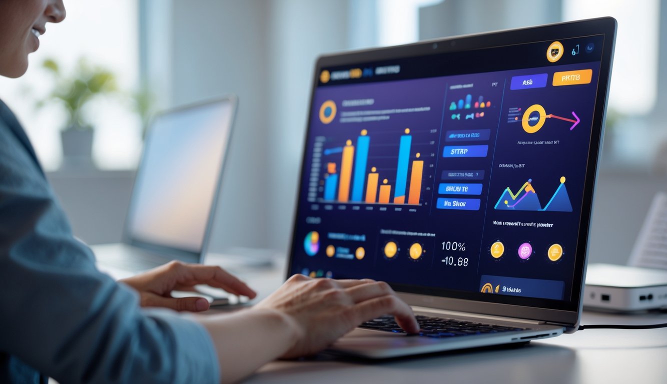 Seorang pengguna sedang melihat layar komputer dengan grafik dan statistik permainan slot online di lingkungan kantor yang rapi.