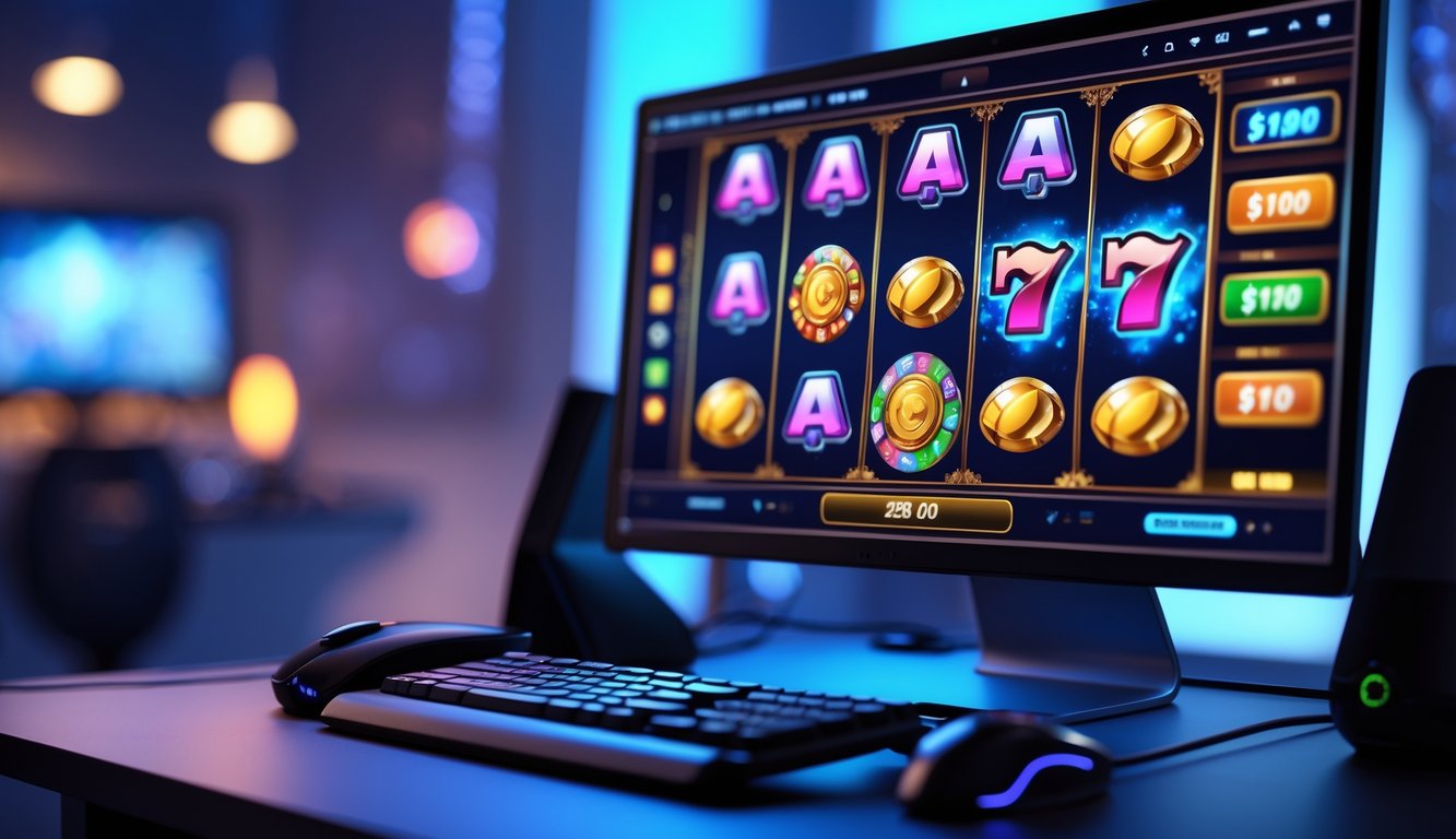Sebuah komputer dengan layar menampilkan permainan slot online yang berwarna-warni di sebuah meja kerja modern.