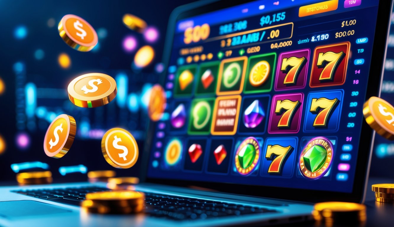 Layar komputer menampilkan permainan slot online dengan simbol warna-warni dan latar belakang kabur dengan pencahayaan lembut.