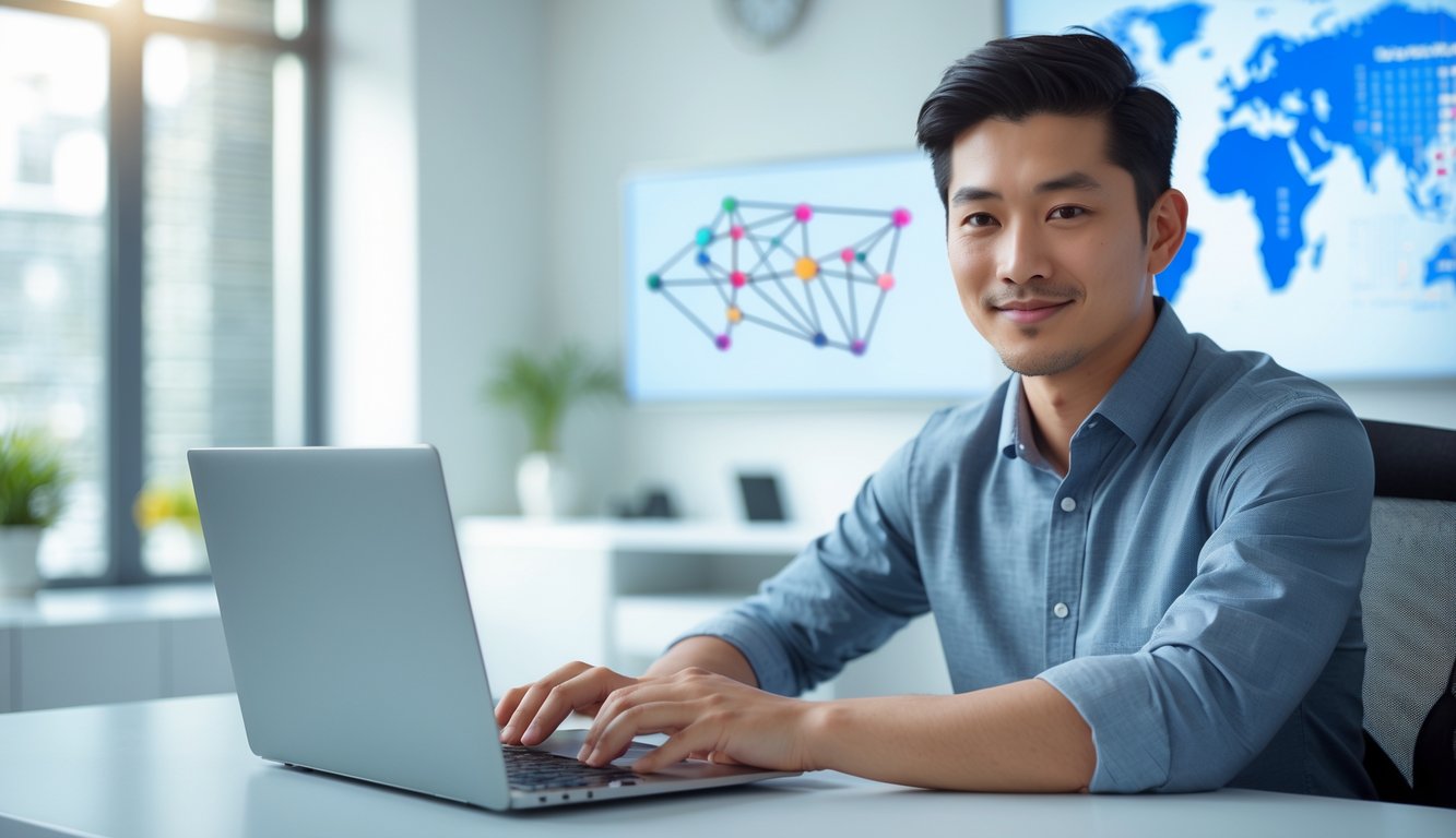 Seorang pria muda duduk di meja dengan laptop di kantor yang terang dan rapi, menunjukkan suasana kerja yang profesional dan dapat dipercaya.