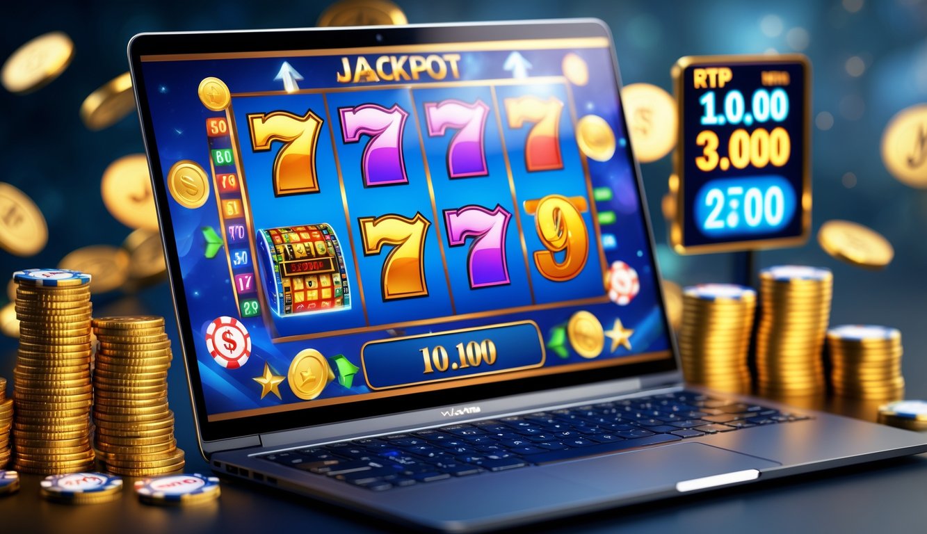 Seorang pengguna laptop yang menampilkan permainan slot online dengan koin emas dan chip poker di sekitarnya.